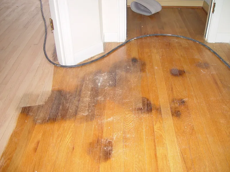Oak hallway with dark marks and a worn amber finish before refinishing